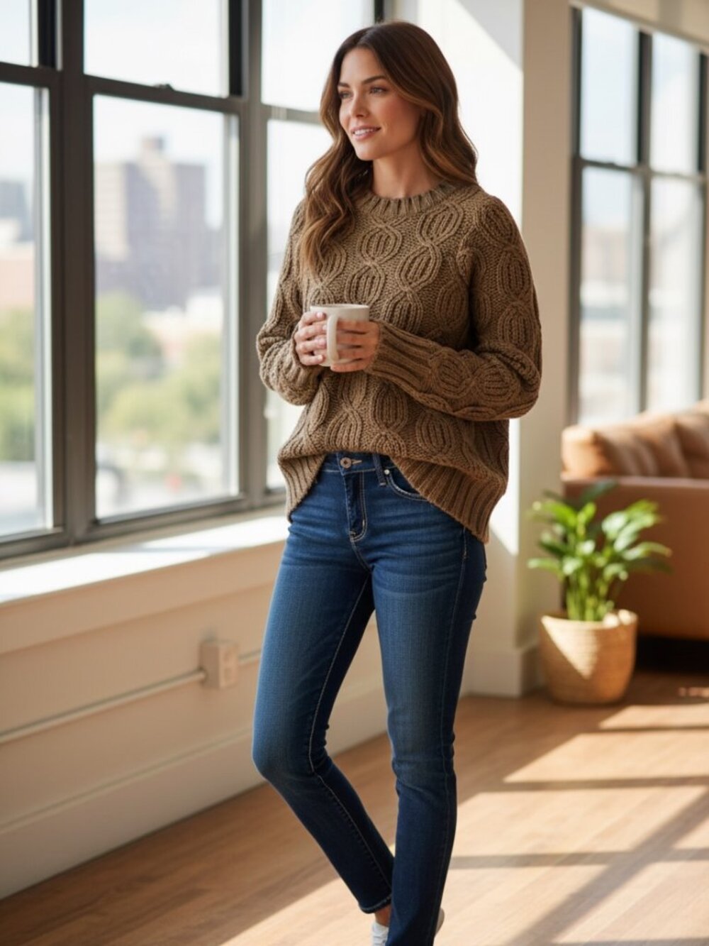 ZARA Brown Cable Knit Sweater S Quiet Luxury
